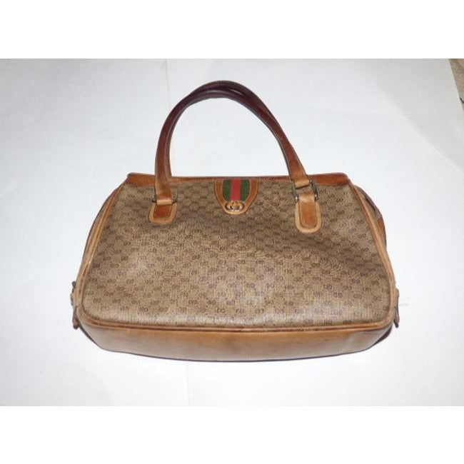 Gucci Vintage Gg Brown Small G Logo Print Coated Canvas And Brown Leather