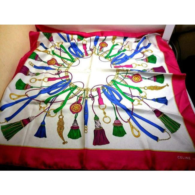 Celine Blue Pink Green Gold Tassels Equestrian Print Silk Scarf