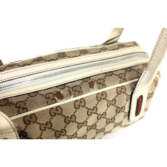 Gucci W Print Canvasleather Sherry Stripe Accents Brown Guccissimawhite Leathercanvas Satchel