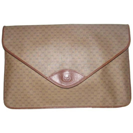 Gucci ,1970's - 1980's, Brown Leather Micro Guccissima Print Coated Canvas & Leather, Vintage XL Envelope Clutch