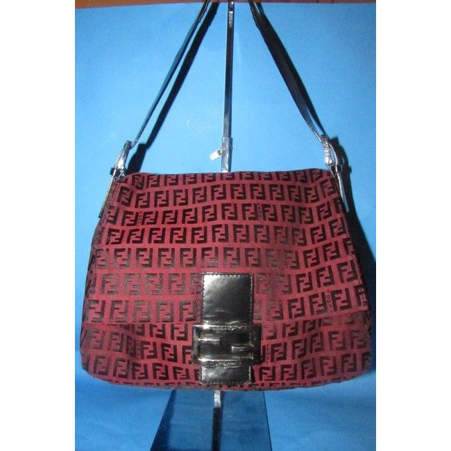 Fendi Mamma Zucco Zucchino Canvasleather Black Logo Print On Dark Red Canvas And Leather Shoulder Ba