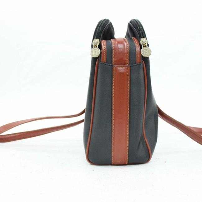Fendi Early Pequin Black Wide Stripe Print Coated Canvas And Pecan Colored Leather Satchel