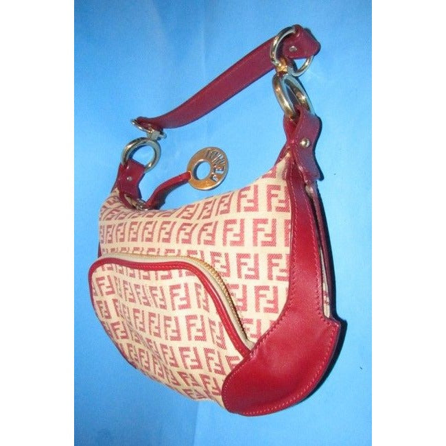 Fendi Chef Shoulder Purse Red Zucchino Print On Tan Leather And Canvas Hobo Bag