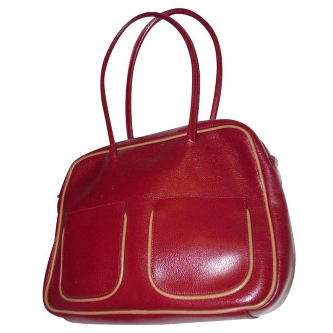 Furla Dark Red Leather Satchel With Tan Leather Accents