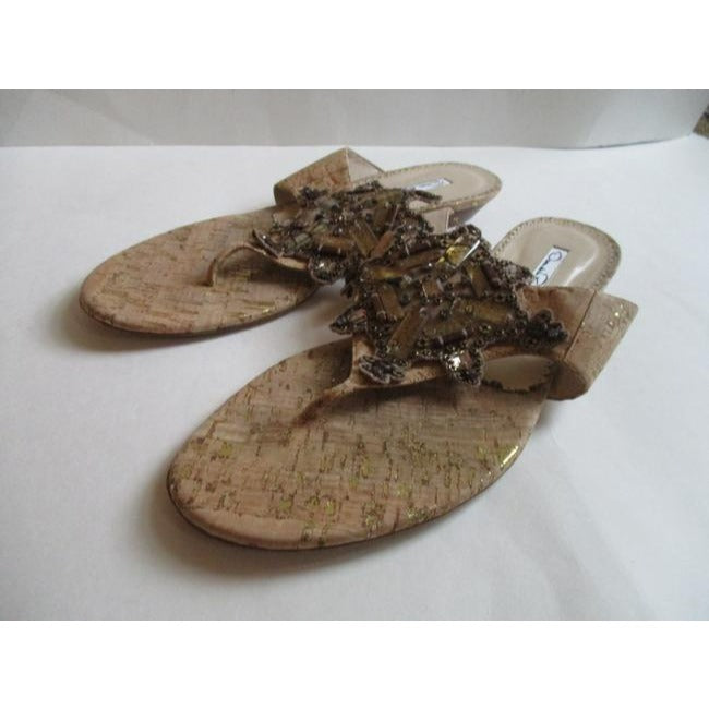 Oscar De La Renta Brown Bronze And Gold T Strap Embellished Sandals Size Eu