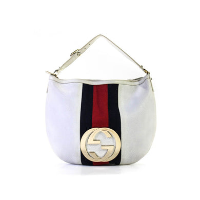 RARE, Gucci 'Blondie', white textured leather, hobo bag style, shoulder bag with a wide red and blue Sherry stripe, an XL gold 'GG' emblem