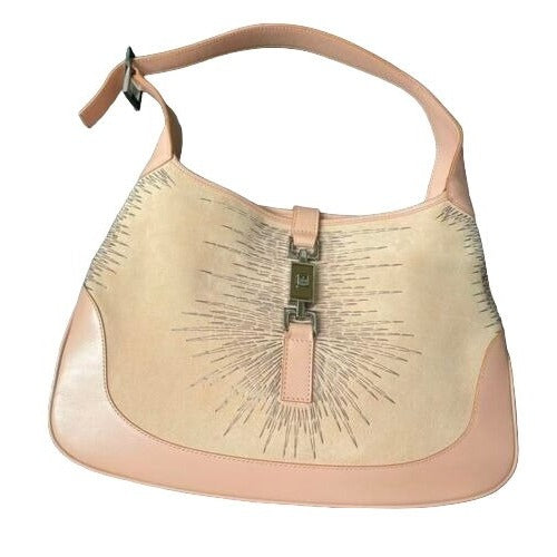 Tom Ford era, Gucci, Ltd Ed, Jackie, canvas & pink leather hobo with an elaborate beaded & stitched design & a chrome push button clasp