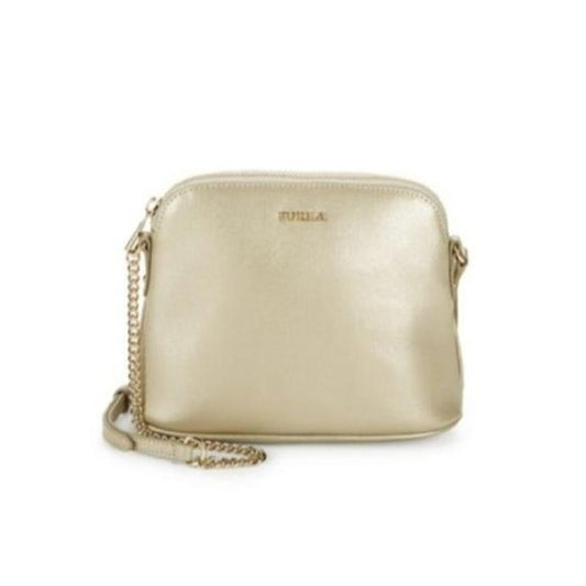 New with tags, Furla 'Miky' style, iridescent, light gold leather bag with a chain strap and domed, top zip closure