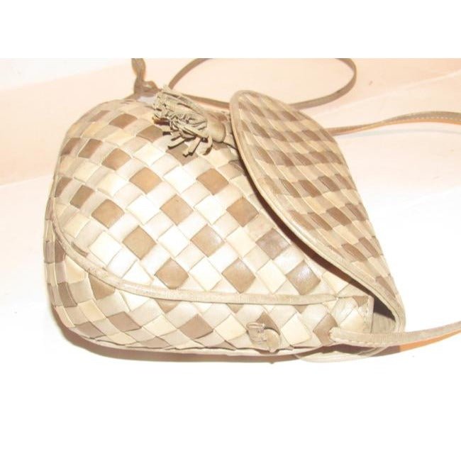 Bottega Veneta Vintage Brown Taupe And Ivory Woven Leather Shoulder Bag