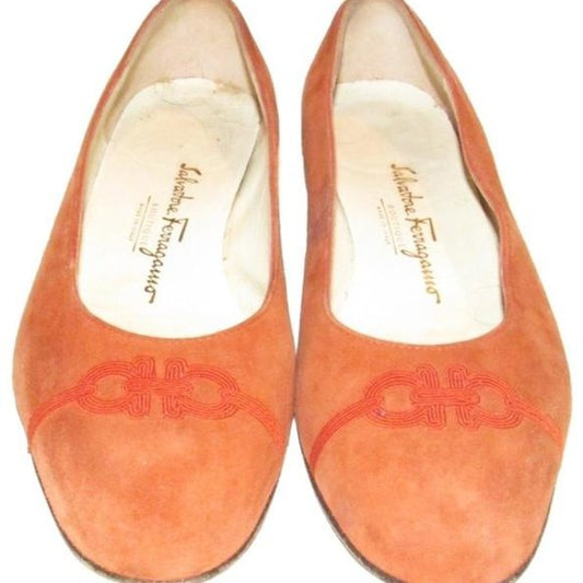 Salvatore Ferragamo Orange Suede Flats With Red Embroidered Gancini Accents At The Toe