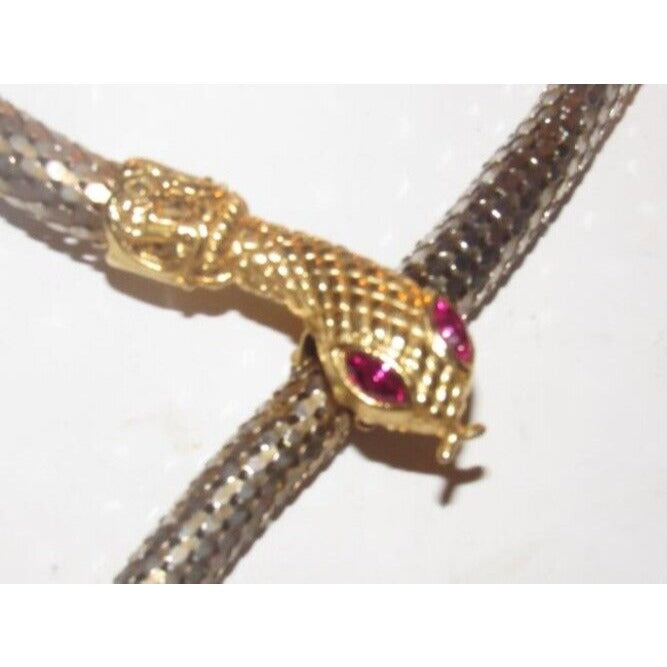 Whiting & Davis vtg silver & gold mesh snake necklace with red stone eyes!