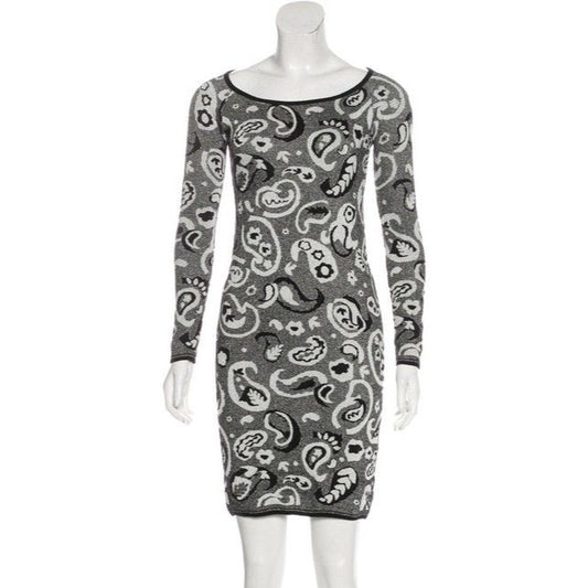 M Missoni Silver Black And White Paisley Intarsia Motif Metallic Print Sweater Mid Length Short Dress