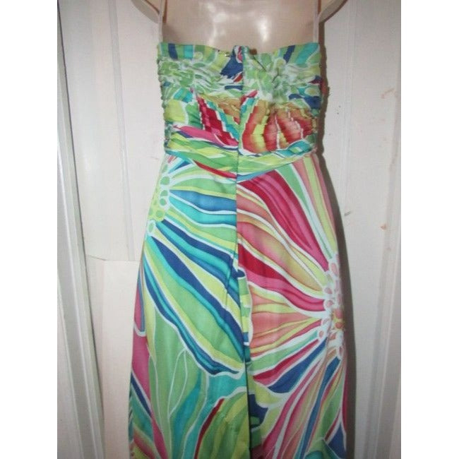 David Meister Multi Colored Print Silk With A Rusched Strapless Top