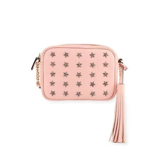 Neiman Marcus W Roz Camera Style Gunmetal Star Shaped Studs Pink Faux Leather Cross Body Bag