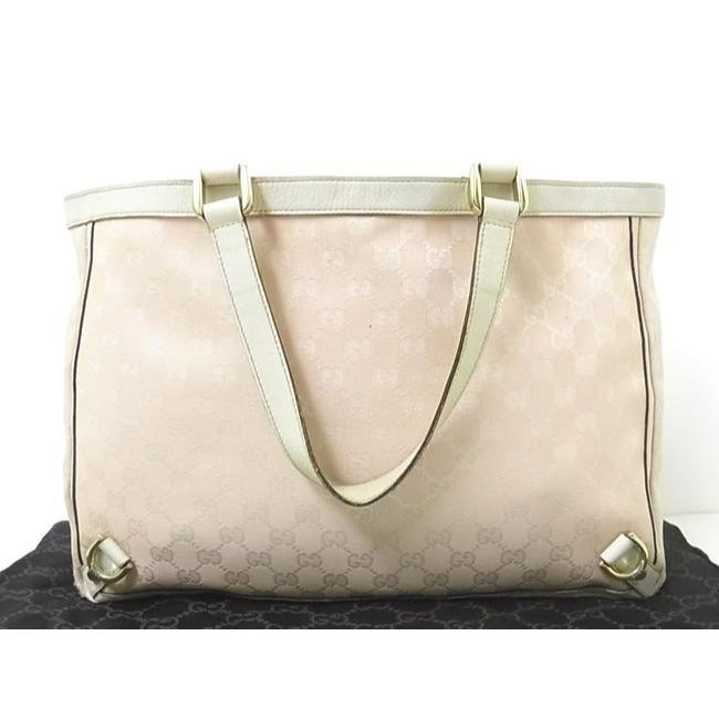 Gucci Abbey Vintage Pink Large G Logo Print Canvas And White Leather Tote