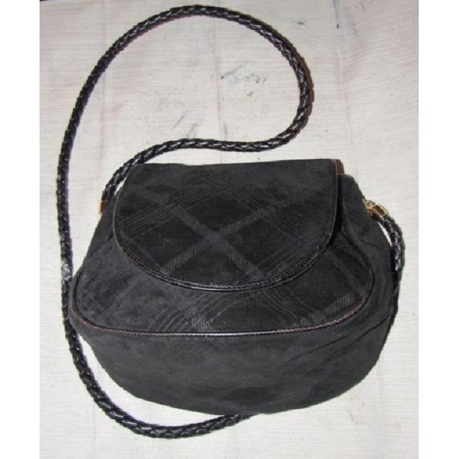 Bottega Veneta Black Suede & Leather Saddle Bag w Plaid Plint
