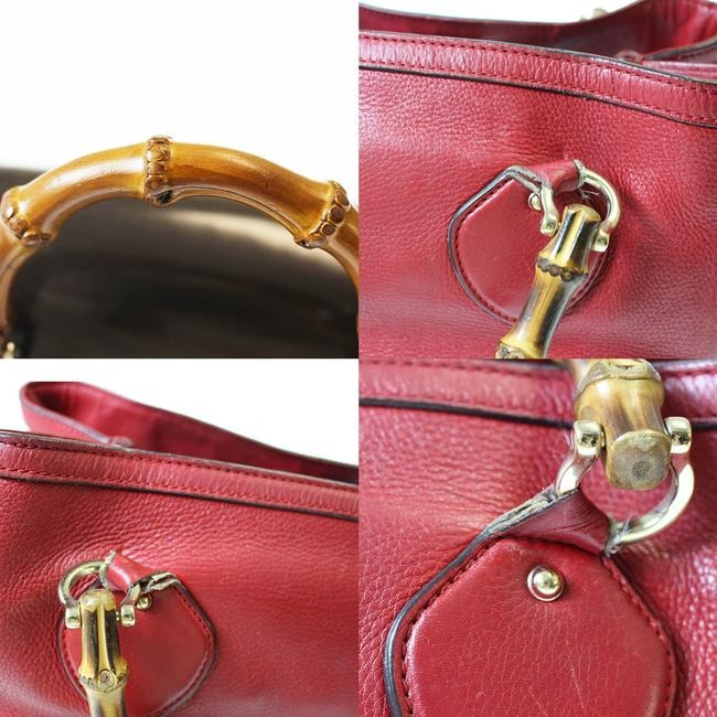 Gucci Vintage Top True Red Leather With Bamboo Handles And Gold Hardware Tote