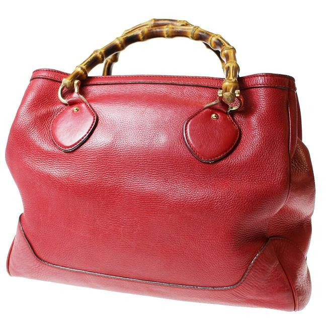 Gucci Vintage Top True Red Leather With Bamboo Handles And Gold Hardware Tote