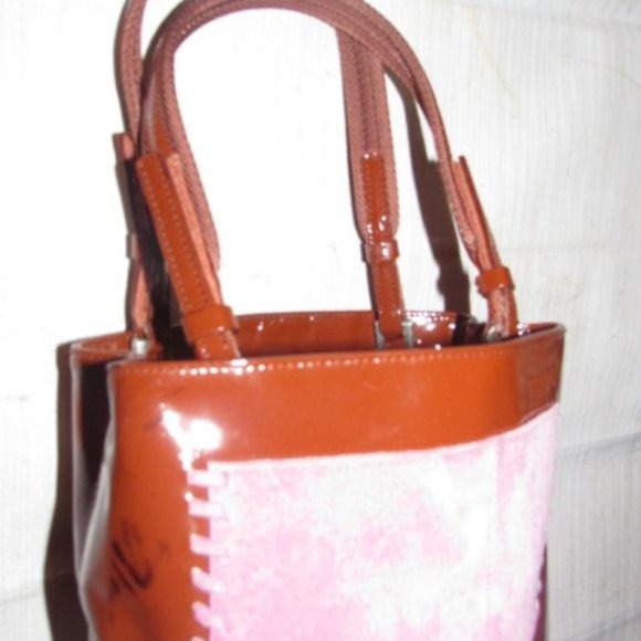 Prada Vintage Red Patent Leather And Pink Suede Petite Whipstitched Tote Bag