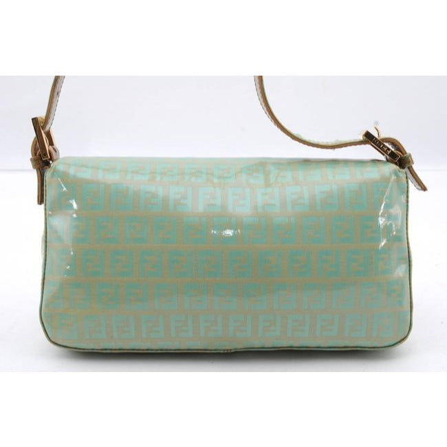 Fendi Xl W Print Enamel Ff Clasp Aqua Zucchino On Goldkhaki Patent Leather Baguette