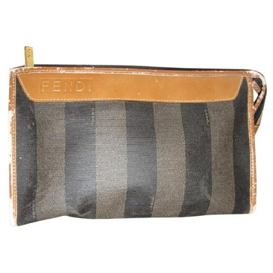 Fendi Pequin Stripe Print Coated Canvas And Camel Leather Clutch