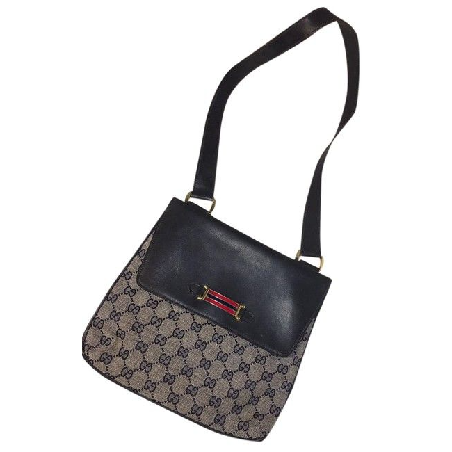 Gucci Vintage Pursesdesigner Purses Navy Leather And Large G Logo Print Canvas With An Enamel Accent