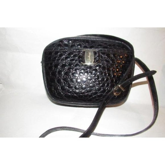 Salvatore Ferragamo Black Crocodile Embossed Leather With Gold Vara Accent Crossbody or Shoulder Bag