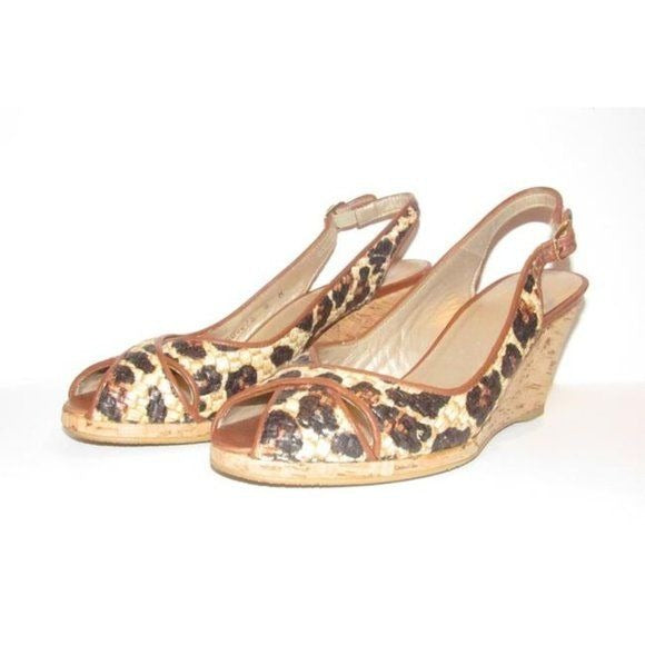 Stuart Weitzman Leopard Leather Cork Wedge Sandals