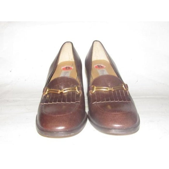 Etienne Aigner Brown Leather 2.5" square heel loafer with a tassel and gold horse-bit accent