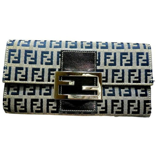 Fendi Navy Grey Small F Logo Print Xl Zucchino With Bold Ff Chrome Clasp Wallet