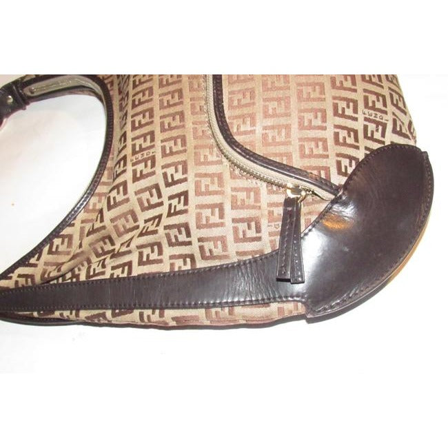 Fendi Chef Shoulder Purse Brown Zucchino Or Small F Logo Print Light Brown On Canvas And Brown Leath