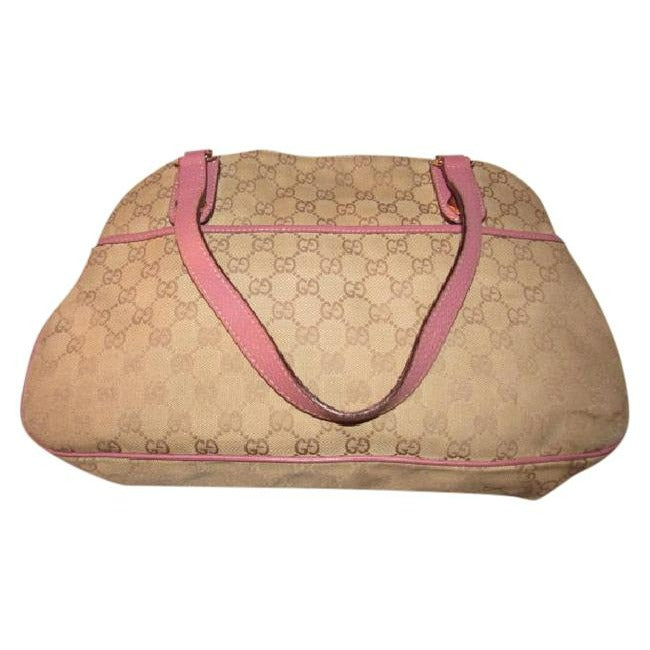 Gucci Vintage Brown Large Logo Print Canvas And Pink Leather