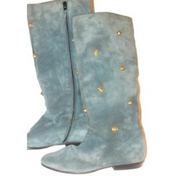 Salvatore Ferragamo Blue Suede Gold Studded Boots