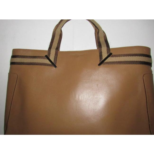 Gucci Vintage Tan Leather With Tan And Brown Striped Accents Fabric Handles