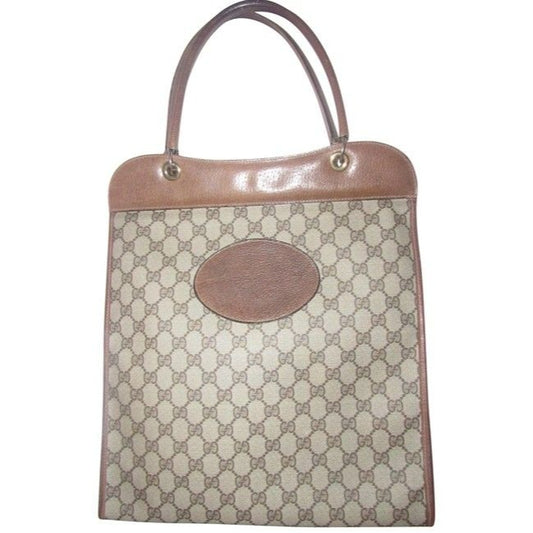 Gucci Vintage Brown Large G Logo Print Coated Canvas And Brown Leather Tote