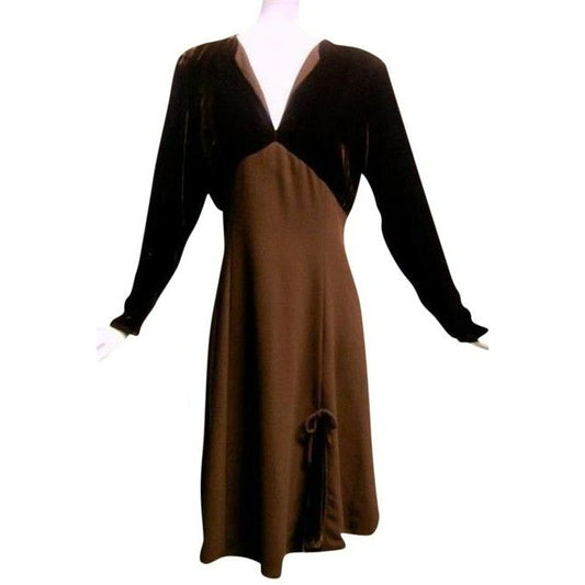 Emanuel Ungaro Brown Velvet And Wool Crepe Vintage Mid Length Cocktail Dress