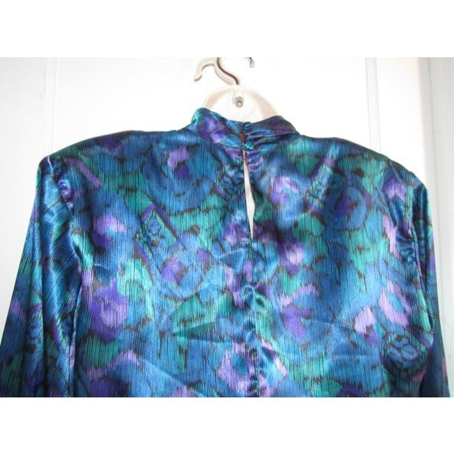 Notations Teal Green Purple And Black Peacock Print Silky Polyester Vintage Secretary Top