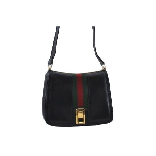 Vintage, RARE, Gucci, mod, black leather, saddle bag shoulder purse with a wide red & green center stripe, and bold gold accents g