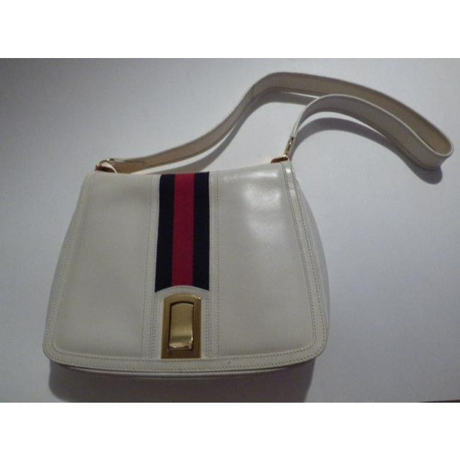 Gucci Vintage White Leather With Wide Red Blue Striped Center Hobo Bag