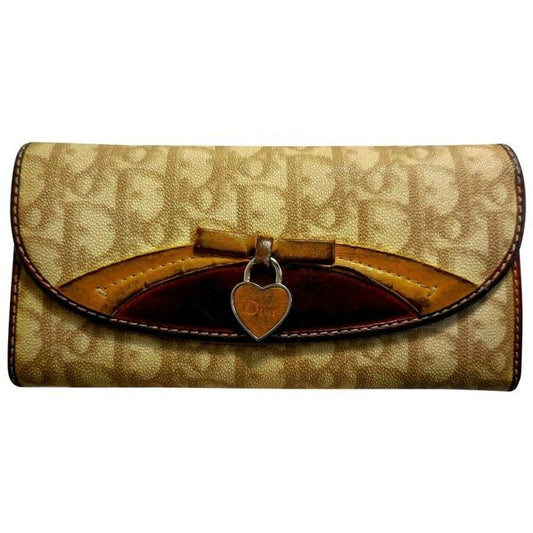 Dior Light Brown Trotter Print XL Wallet W Pink Enamel Heart