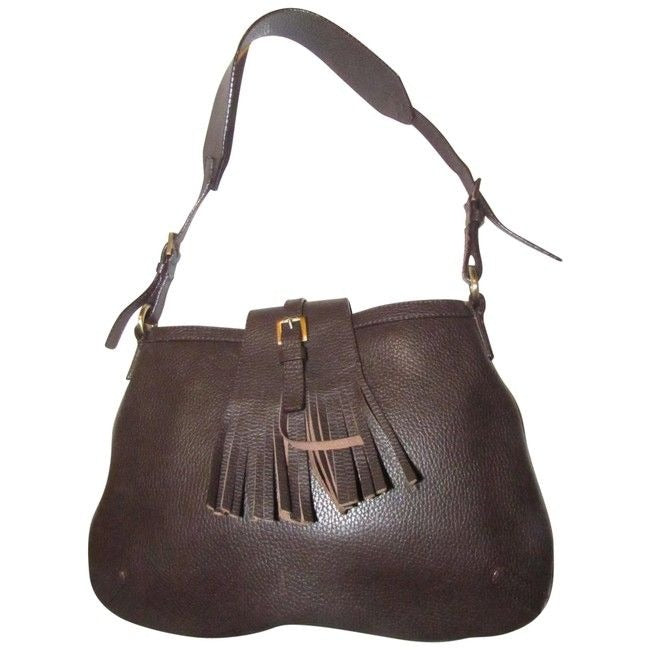 Burberry Style Shoulder Purses Brown Leather With Fringe And Equestrian Accents Hobo Bag