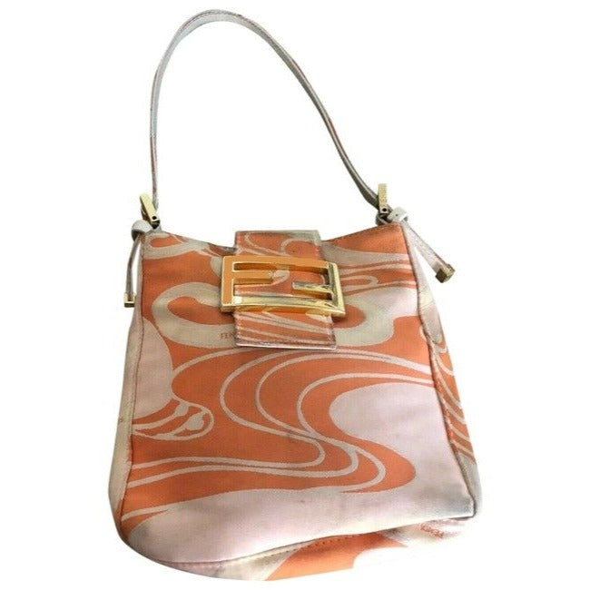 Vintage, Limited Edition, Fendi  abstract orange & pink print silk & leather double flap top baguette