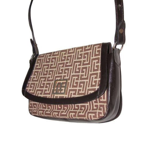 Vintage, Pierre Balmain, brown & white, geometric, "subway" print wool & brown leather, two-way shoulder bag with gold hardware