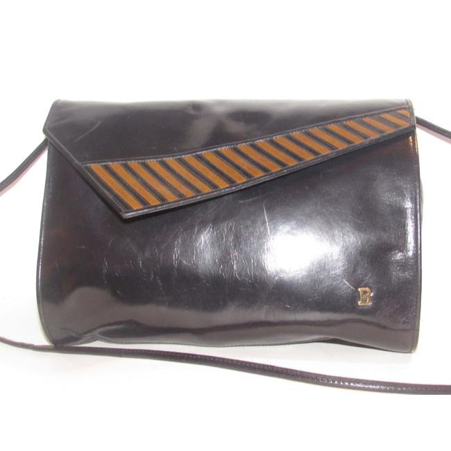 Bally Vintage Pursesdesigner Purses Black Glossy Leather With Asymmetrical Brown And Black Striped E