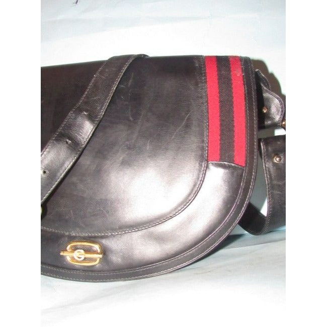 Gucci Early Saddle With Sherry Stripes Black Leather And Gg Leather Shoulder Bag
