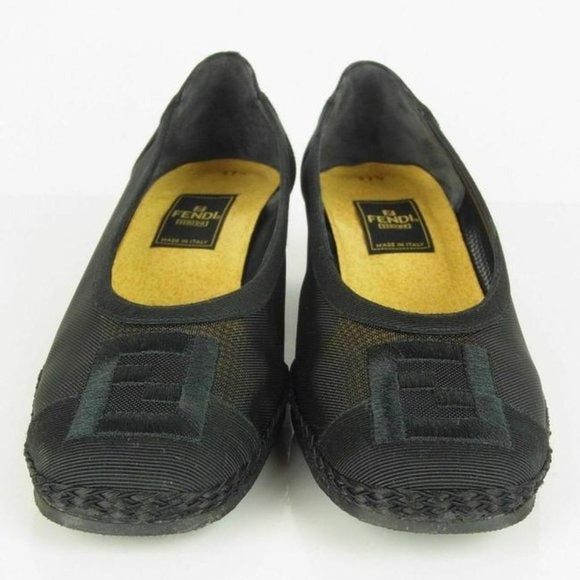 Fendi Black Suede & Leather Flats with FF Logo At Toes & Low Wedge Heels