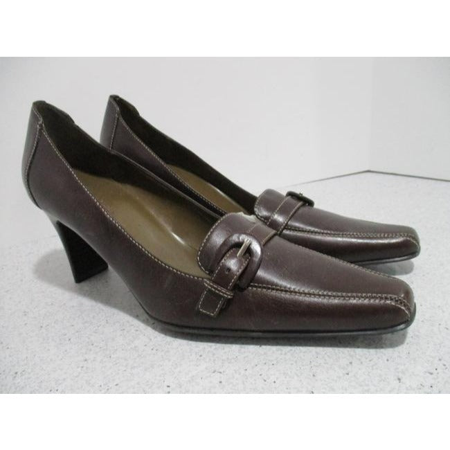 Ak Anne Klein Brown Leather Upper Squared Pointed Pumps Size Us