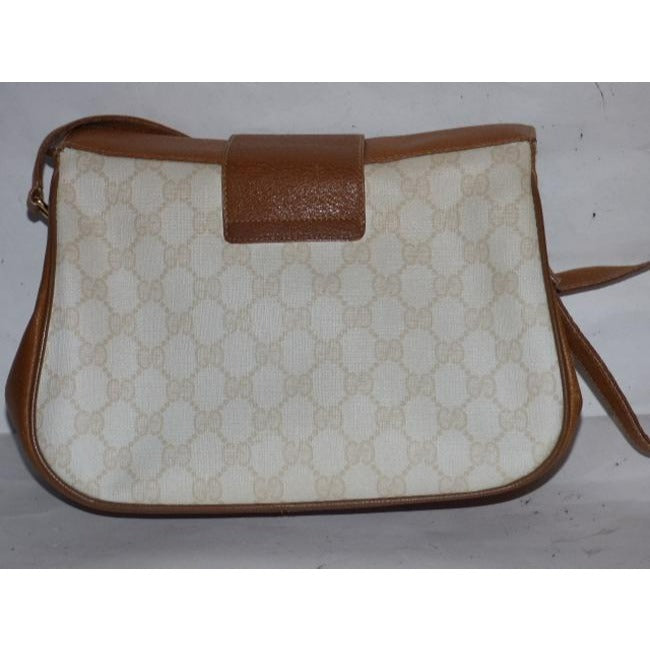 Gucci Vintage Purses Ivory Coated Canvas With Camel Large G Logo Leather