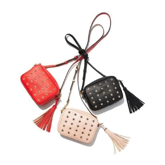 Neiman Marcus Red "Roz" Camera Bag-Style Two Way Crossbody or Clutch w Star Studding