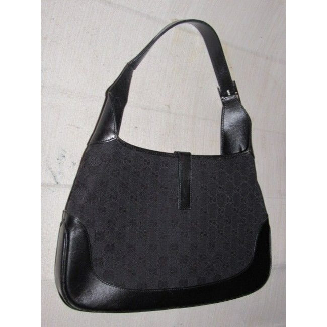 Gucci Jackie Black Charcoal Gray Leather Canvas Hobo Bag